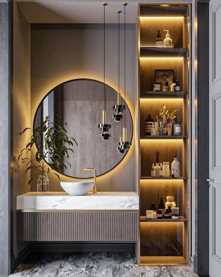 Modern Vanity with Round Mirror & Shelving Unit