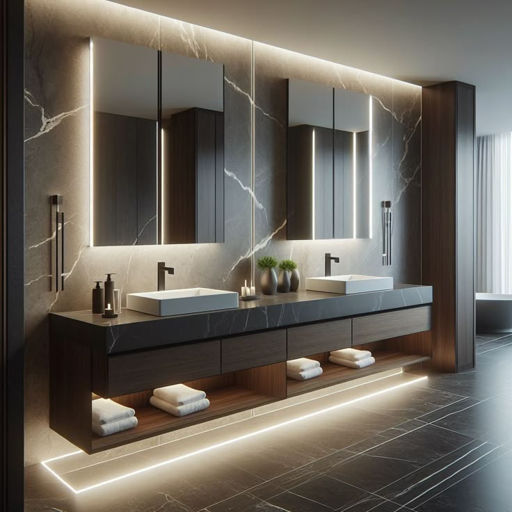 Floating Double Vanity with Smart LED Mirrors