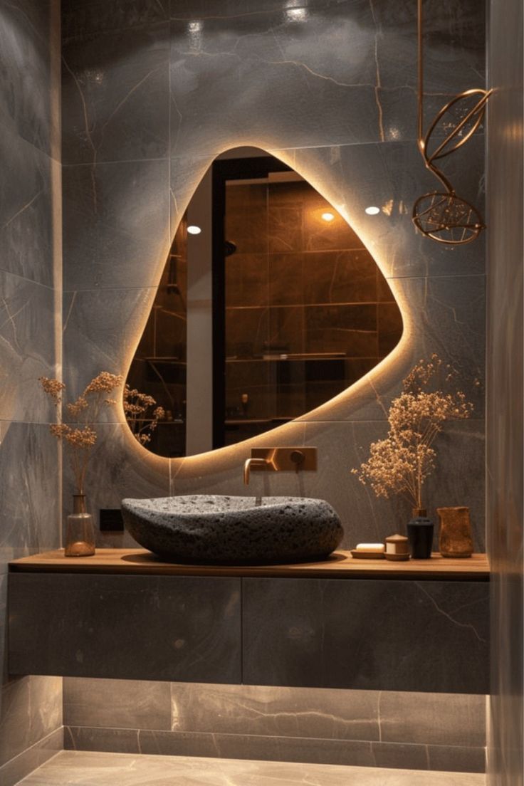 Dark Vanity with Textured Sink & LED Mirror